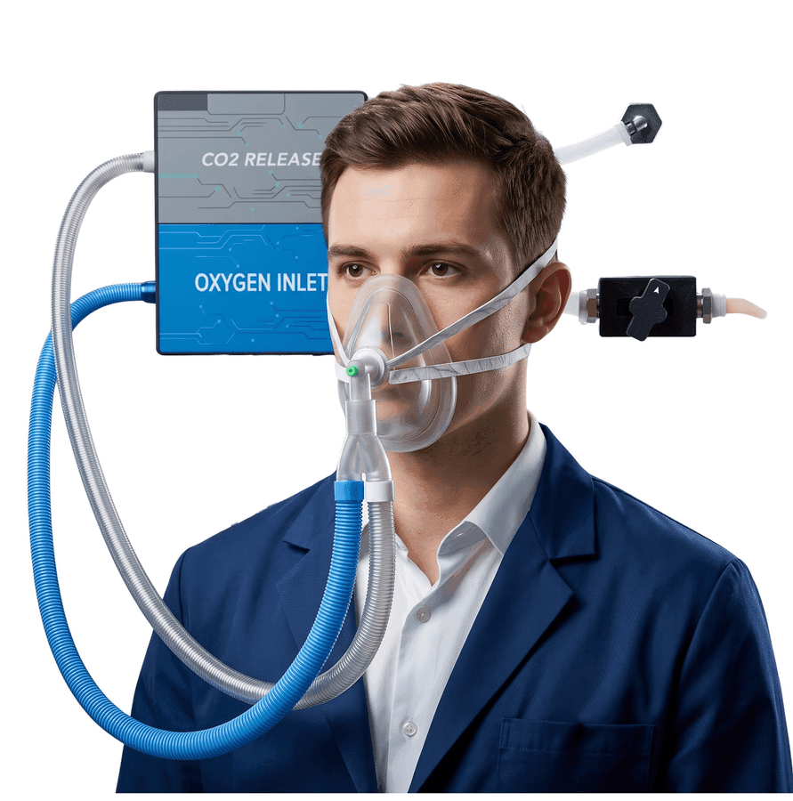 Lightweight high-flow BIBS oxygen delivery system — man wearing oxygen mask with CO2 release and oxygen inlet schematic components, blue and silver tubing