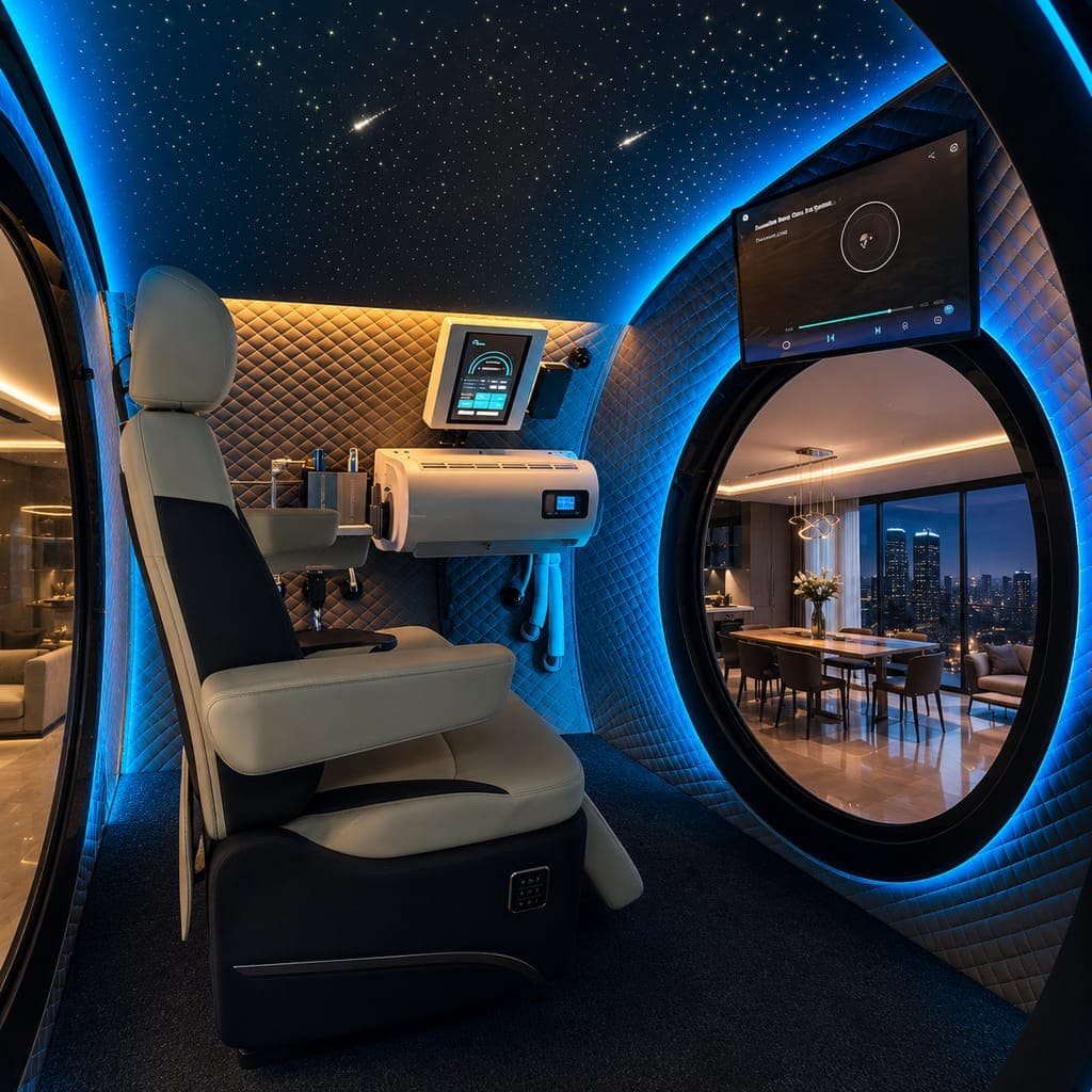 Starlight simulated ceiling inside the hyperbaric chamber — a night-sky panel with stars, the Milky Way, and a galaxy above quilted interior padding and a touchscreen control panel