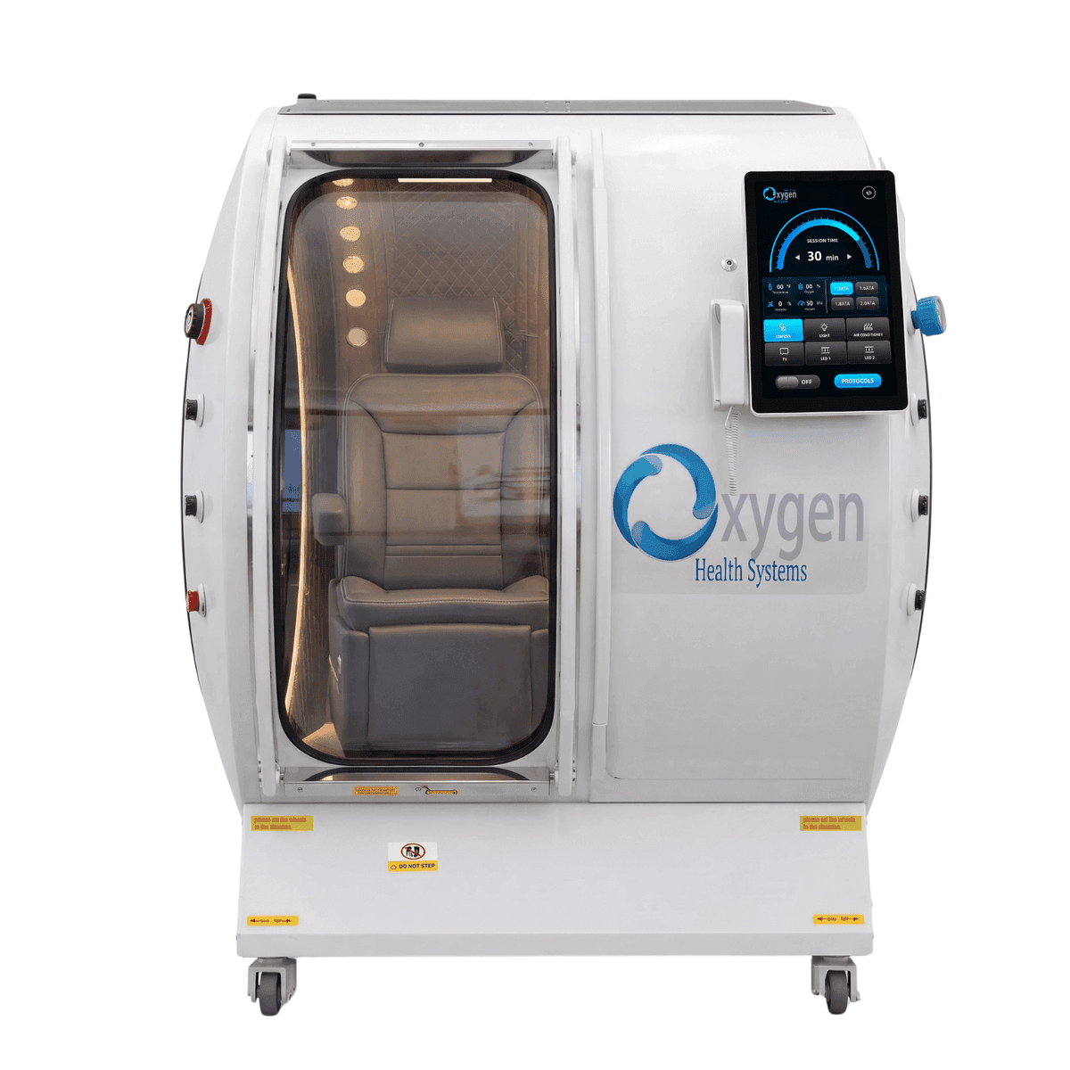 Vital Sphere 360 hyperbaric chamber — white upright hard shell with control panel and interior premium seating